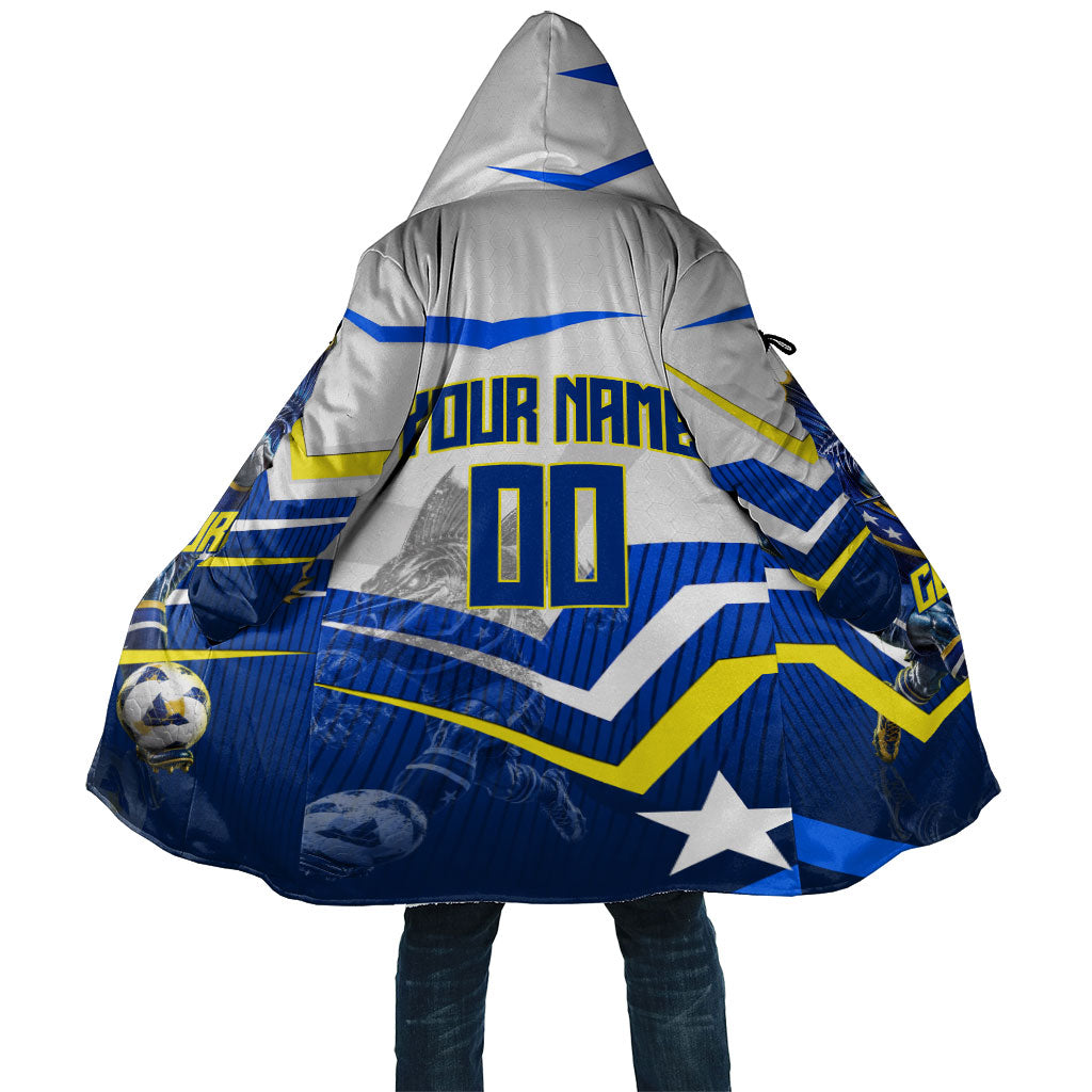 Personalized Curacao Football Marlin Mascot Cloak Caribbean Flag Colors Geometric Blue