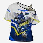 Personalized Curacao Football Marlin Mascot Cross Shoulder Shirt Caribbean Flag Colors Geometric Blue
