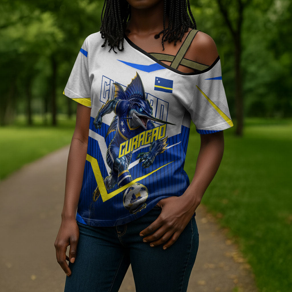 Personalized Curacao Football Marlin Mascot Cross Shoulder Shirt Caribbean Flag Colors Geometric Blue