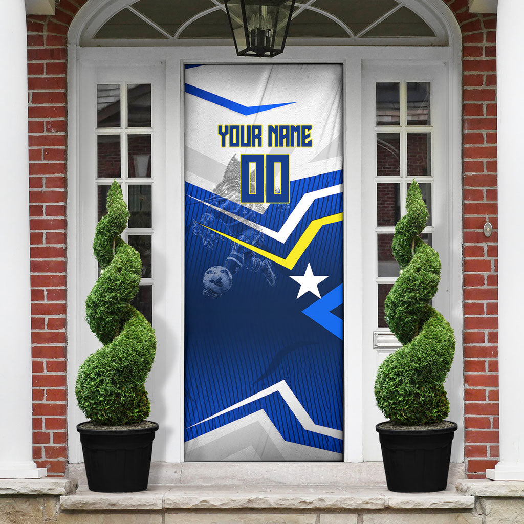 Personalized Curacao Football Marlin Mascot Door Cover Caribbean Flag Colors Geometric Blue
