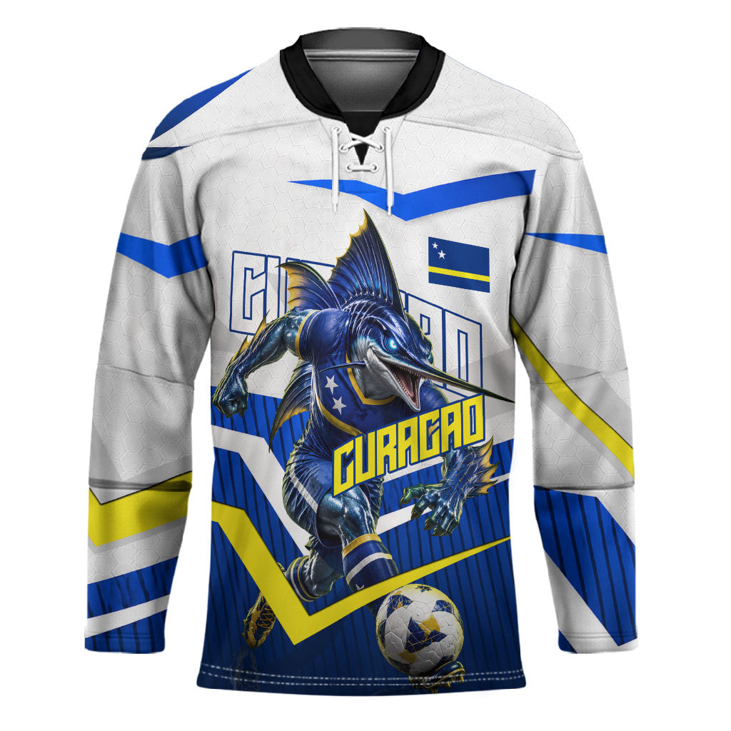 Personalized Curacao Football Marlin Mascot Hockey Jersey Caribbean Flag Colors Geometric Blue