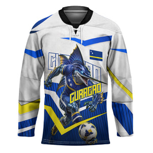 Personalized Curacao Football Marlin Mascot Hockey Jersey Caribbean Flag Colors Geometric Blue