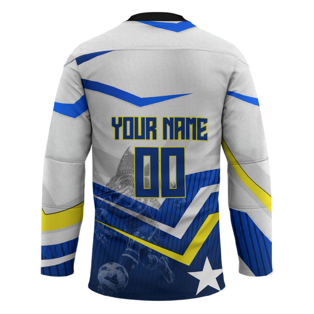 Personalized Curacao Football Marlin Mascot Hockey Jersey Caribbean Flag Colors Geometric Blue