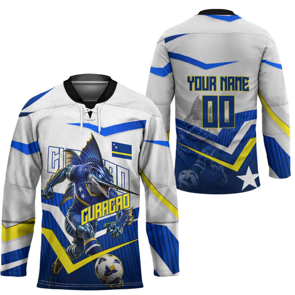 Personalized Curacao Football Marlin Mascot Hockey Jersey Caribbean Flag Colors Geometric Blue