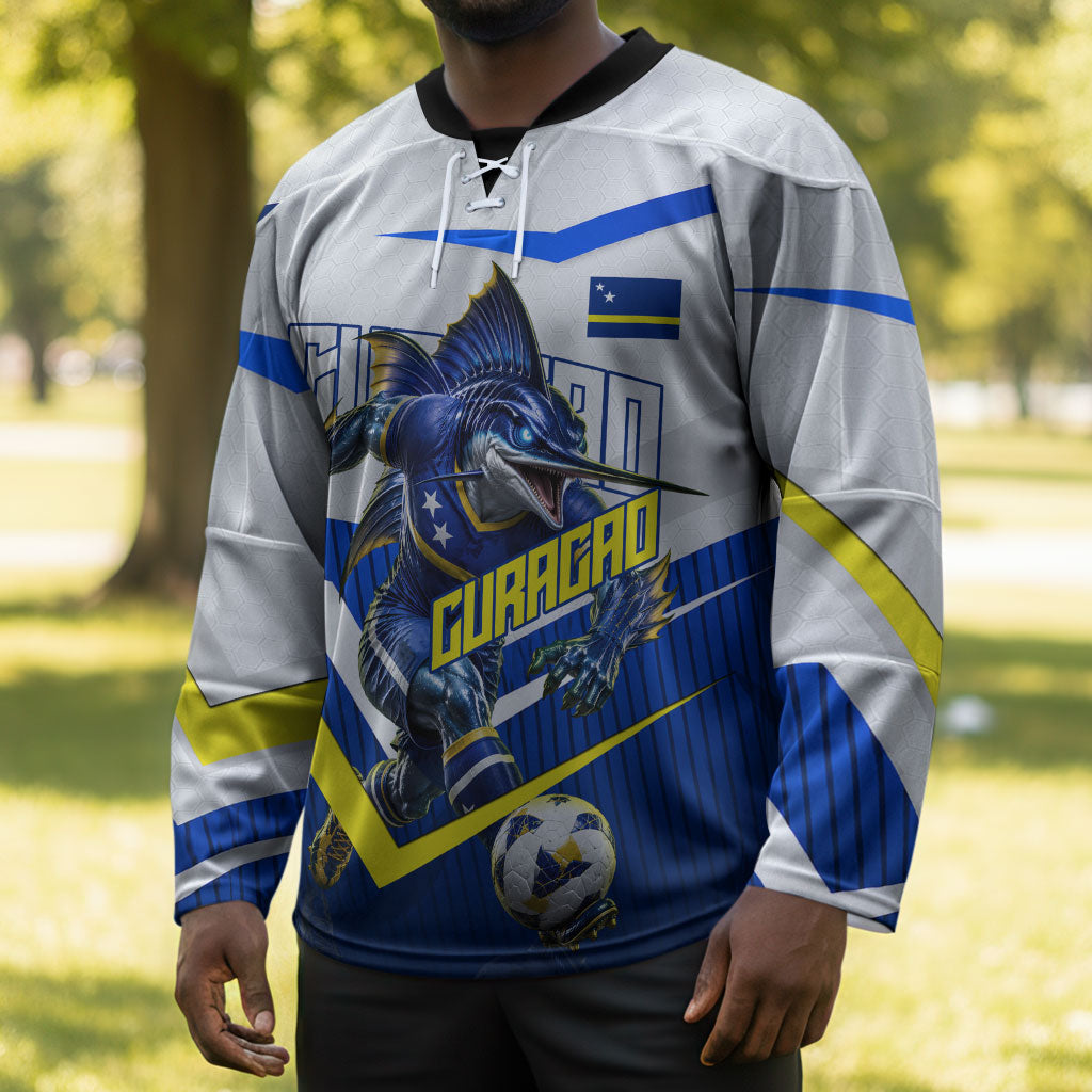 Personalized Curacao Football Marlin Mascot Hockey Jersey Caribbean Flag Colors Geometric Blue