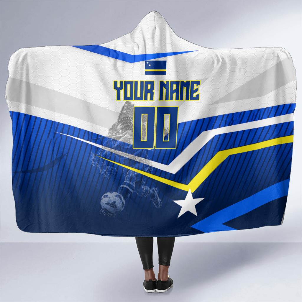 Personalized Curacao Football Marlin Mascot Hooded Blanket Caribbean Flag Colors Geometric Blue