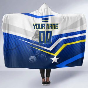 Personalized Curacao Football Marlin Mascot Hooded Blanket Caribbean Flag Colors Geometric Blue
