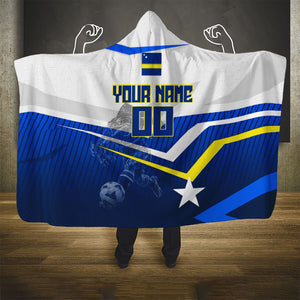 Personalized Curacao Football Marlin Mascot Hooded Blanket Caribbean Flag Colors Geometric Blue