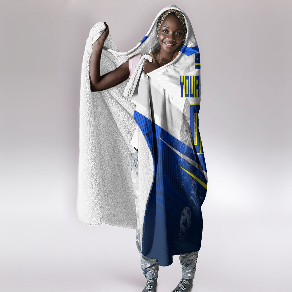 Personalized Curacao Football Marlin Mascot Hooded Blanket Caribbean Flag Colors Geometric Blue