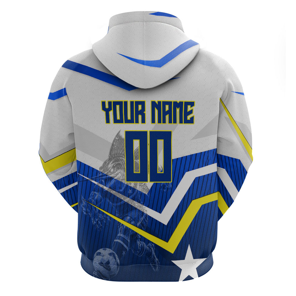 Personalized Curacao Football Marlin Mascot Hoodie Caribbean Flag Colors Geometric Blue
