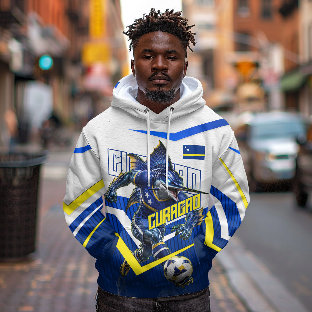 Personalized Curacao Football Marlin Mascot Hoodie Caribbean Flag Colors Geometric Blue