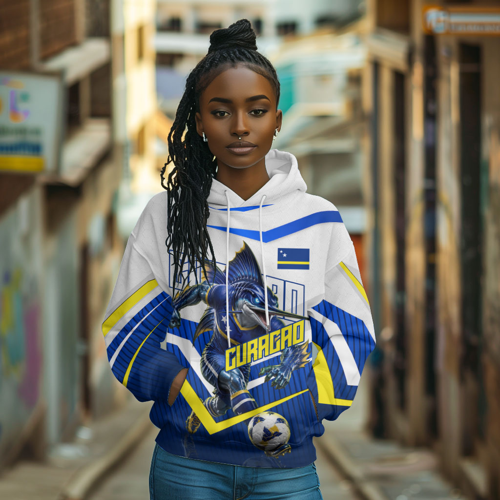 Personalized Curacao Football Marlin Mascot Hoodie Caribbean Flag Colors Geometric Blue