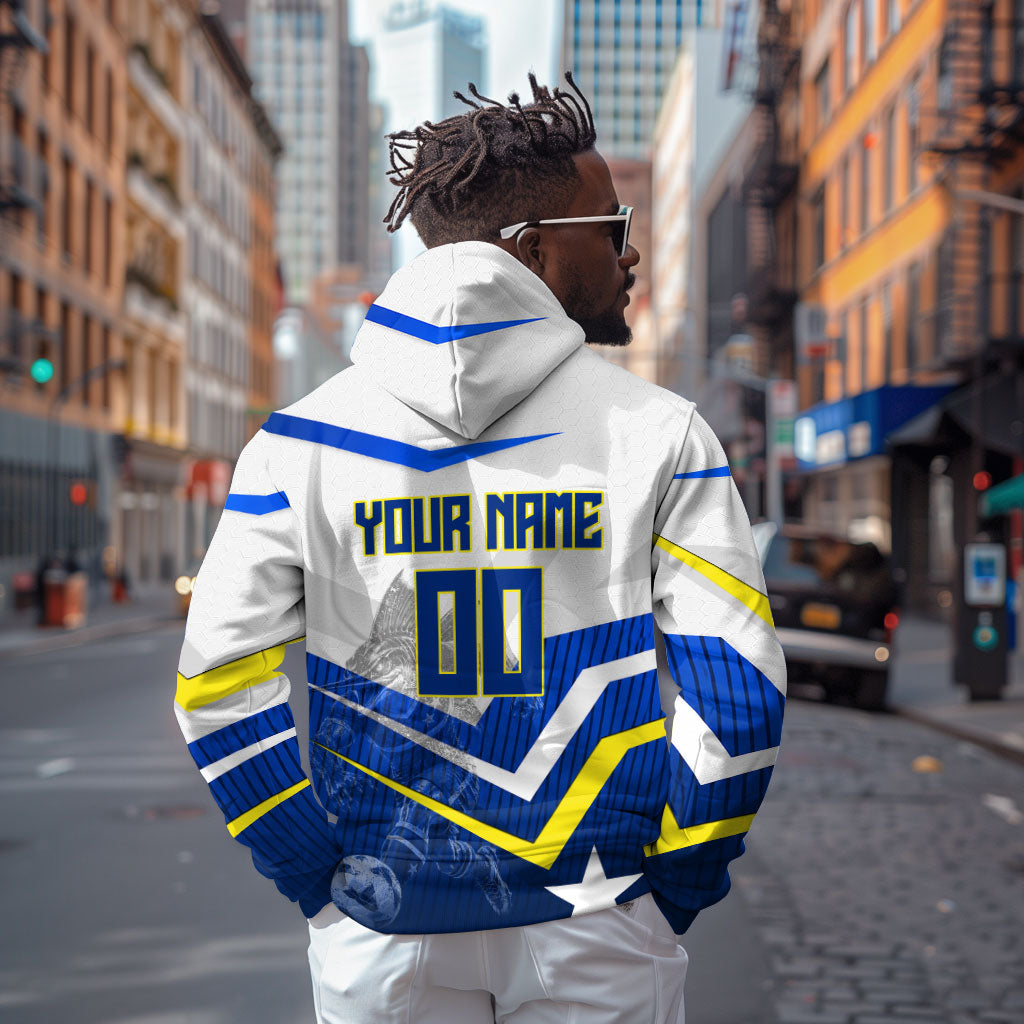 Personalized Curacao Football Marlin Mascot Hoodie Caribbean Flag Colors Geometric Blue