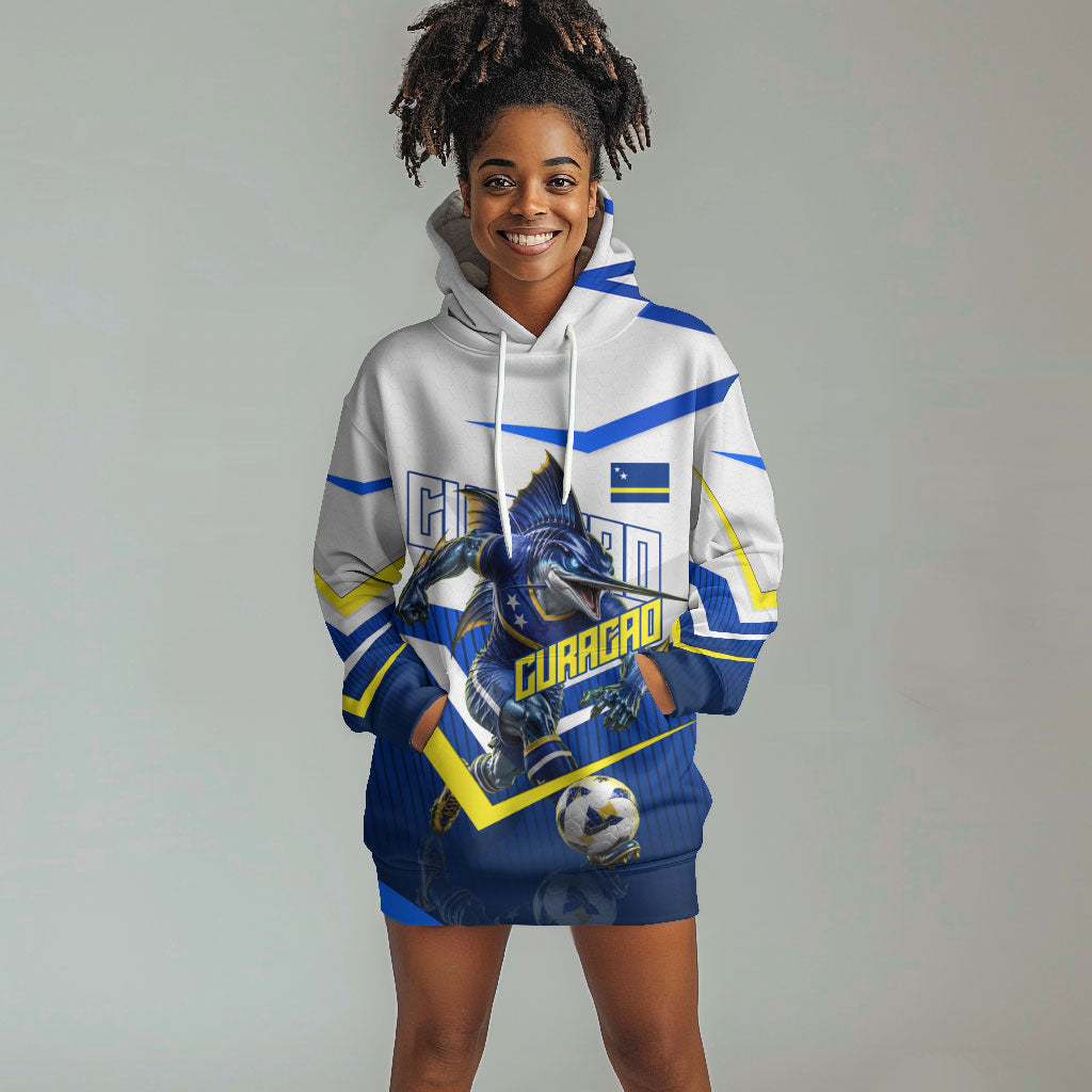 Personalized Curacao Football Marlin Mascot Hoodie Dress Caribbean Flag Colors Geometric Blue