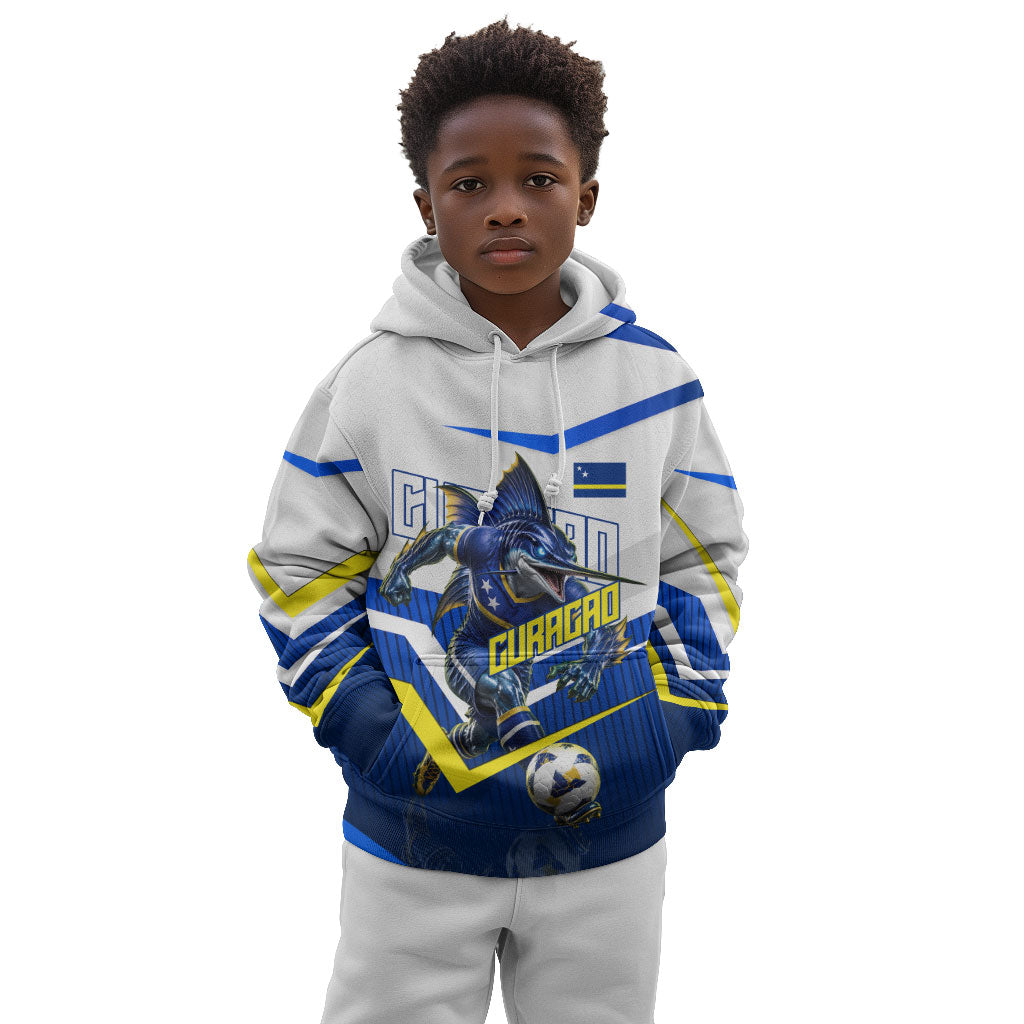 Personalized Curacao Football Marlin Mascot Kid Hoodie Caribbean Flag Colors Geometric Blue