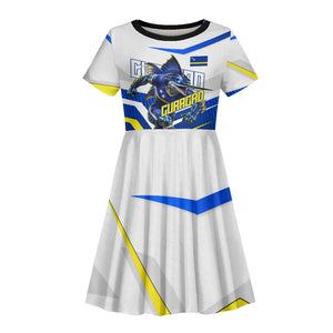 Personalized Curacao Football Marlin Mascot Kid Short Sleeve Dress Caribbean Flag Colors Geometric Blue