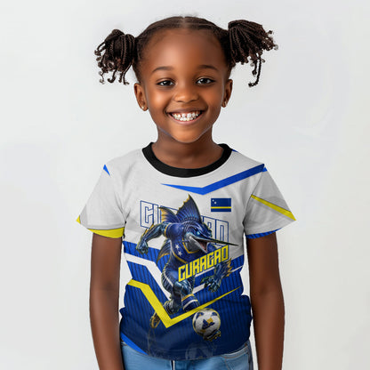 Personalized Curacao Football Marlin Mascot Kid T shirt Caribbean Flag Colors Geometric Blue