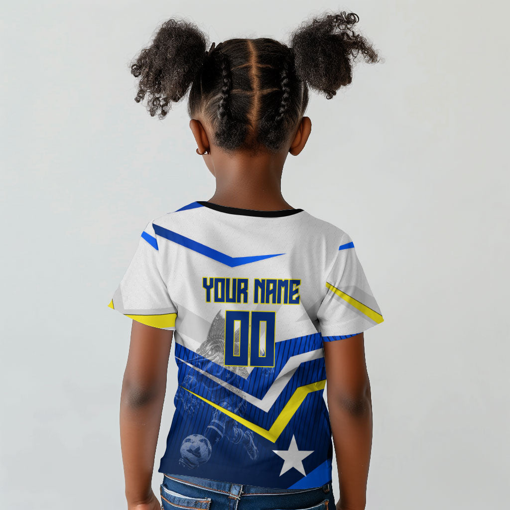 Personalized Curacao Football Marlin Mascot Kid T shirt Caribbean Flag Colors Geometric Blue