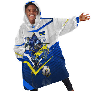 Personalized Curacao Football Marlin Mascot Kid Wearable Blanket Hoodie Caribbean Flag Colors Geometric Blue