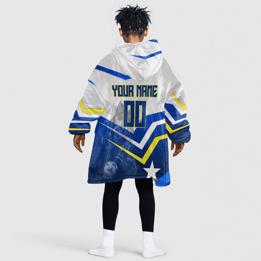 Personalized Curacao Football Marlin Mascot Kid Wearable Blanket Hoodie Caribbean Flag Colors Geometric Blue