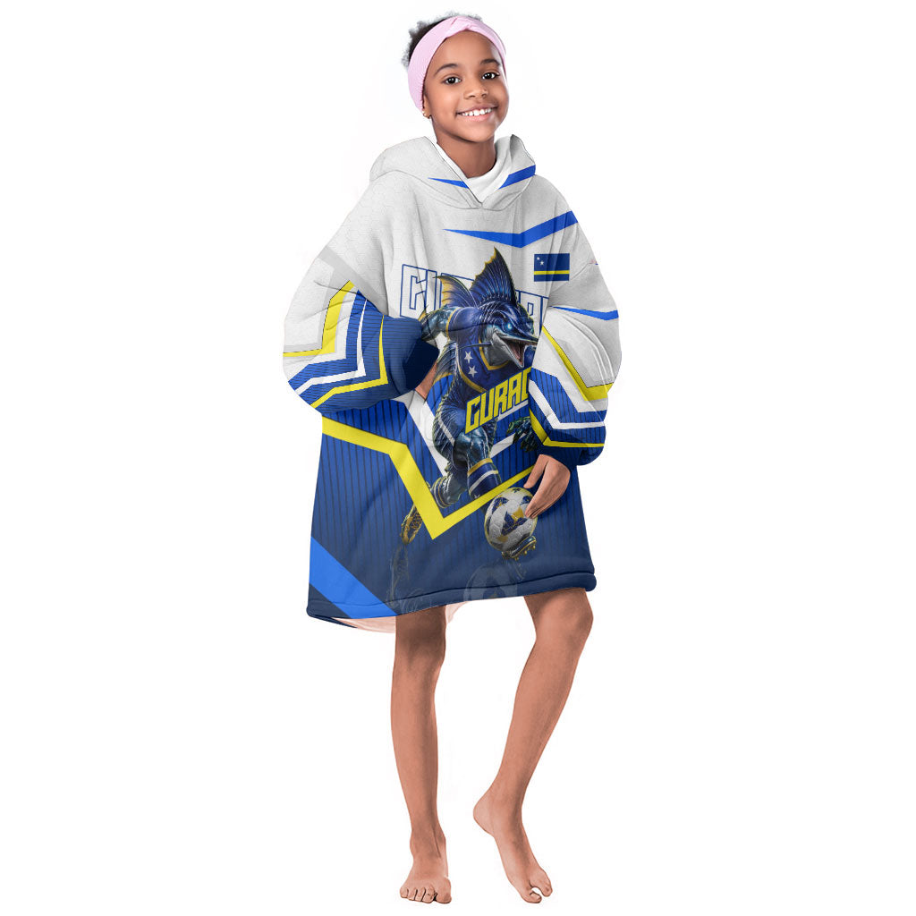 Personalized Curacao Football Marlin Mascot Kid Wearable Blanket Hoodie Caribbean Flag Colors Geometric Blue