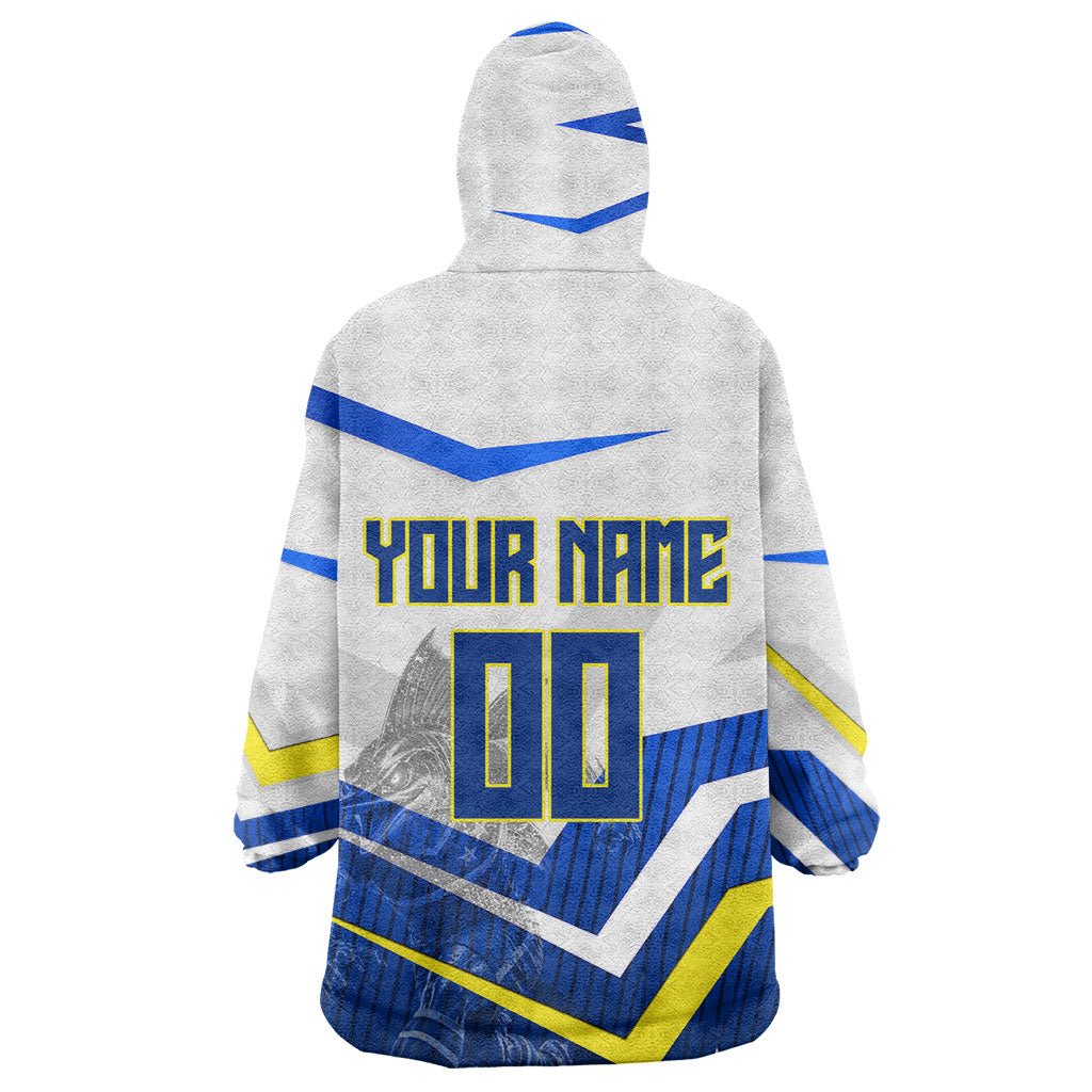 Personalized Curacao Football Marlin Mascot Kid Wearable Blanket Hoodie Caribbean Flag Colors Geometric Blue