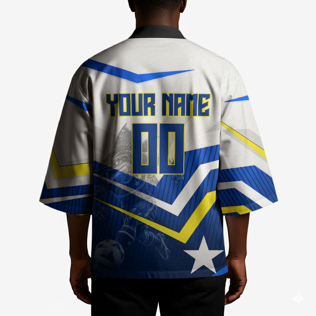 Personalized Curacao Football Marlin Mascot Kimono Caribbean Flag Colors Geometric Blue