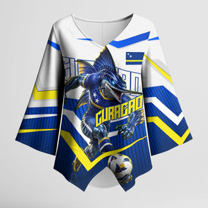 Personalized Curacao Football Marlin Mascot Kimono Sleeve Blouse Caribbean Flag Colors Geometric Blue