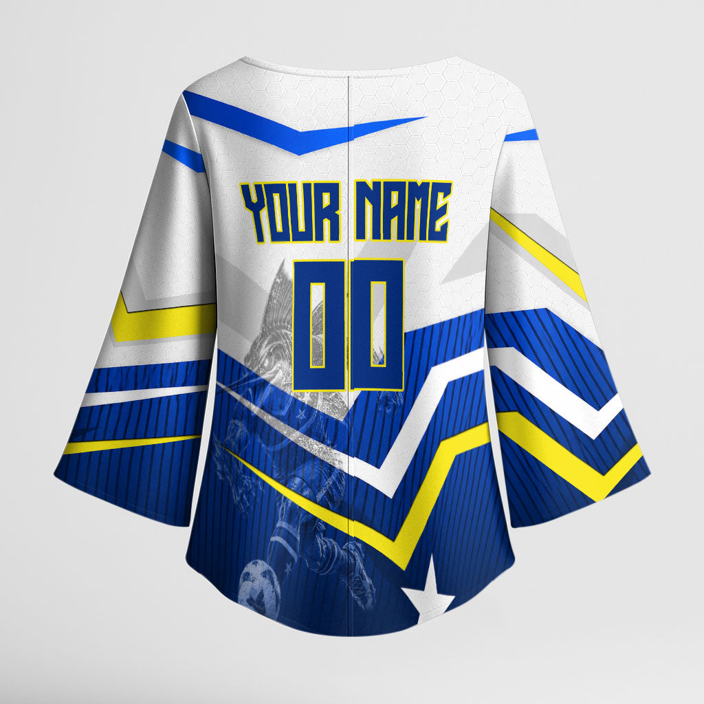 Personalized Curacao Football Marlin Mascot Kimono Sleeve Blouse Caribbean Flag Colors Geometric Blue