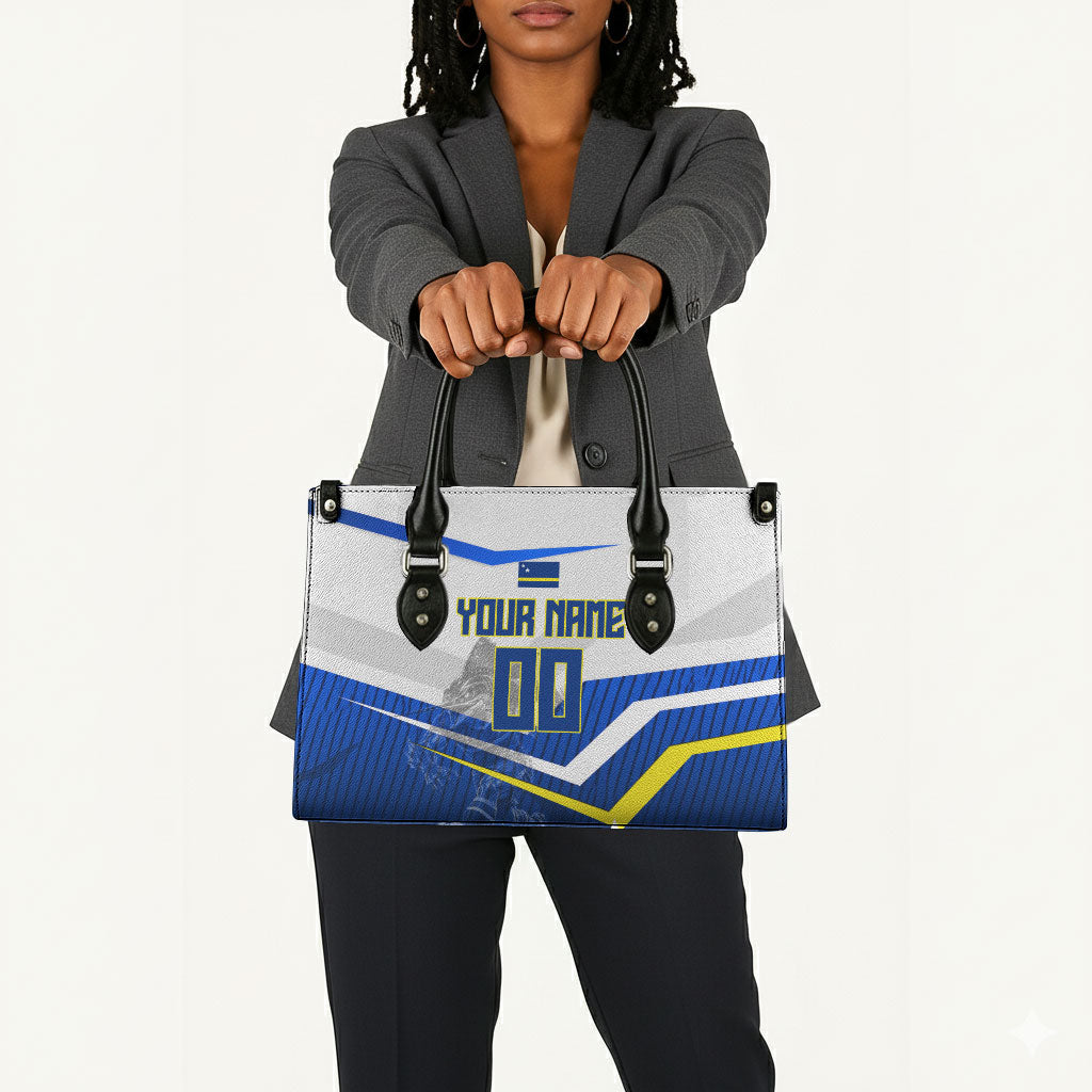 Personalized Curacao Football Marlin Mascot Leather Bag Caribbean Flag Colors Geometric Blue