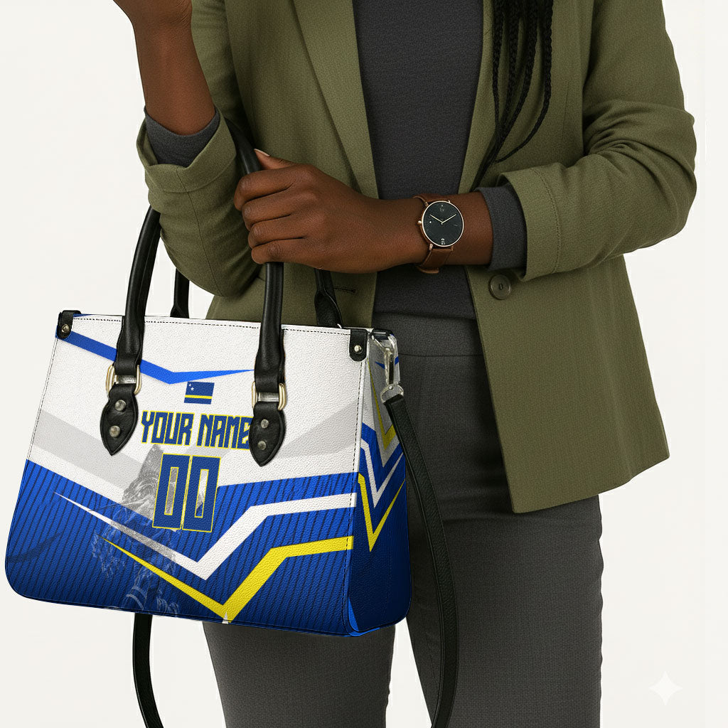Personalized Curacao Football Marlin Mascot Leather Bag Caribbean Flag Colors Geometric Blue