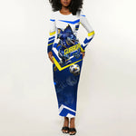 Personalized Curacao Football Marlin Mascot Long Sleeve Bodycon Dress Caribbean Flag Colors Geometric Blue