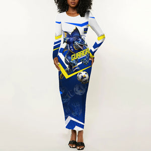 Personalized Curacao Football Marlin Mascot Long Sleeve Bodycon Dress Caribbean Flag Colors Geometric Blue