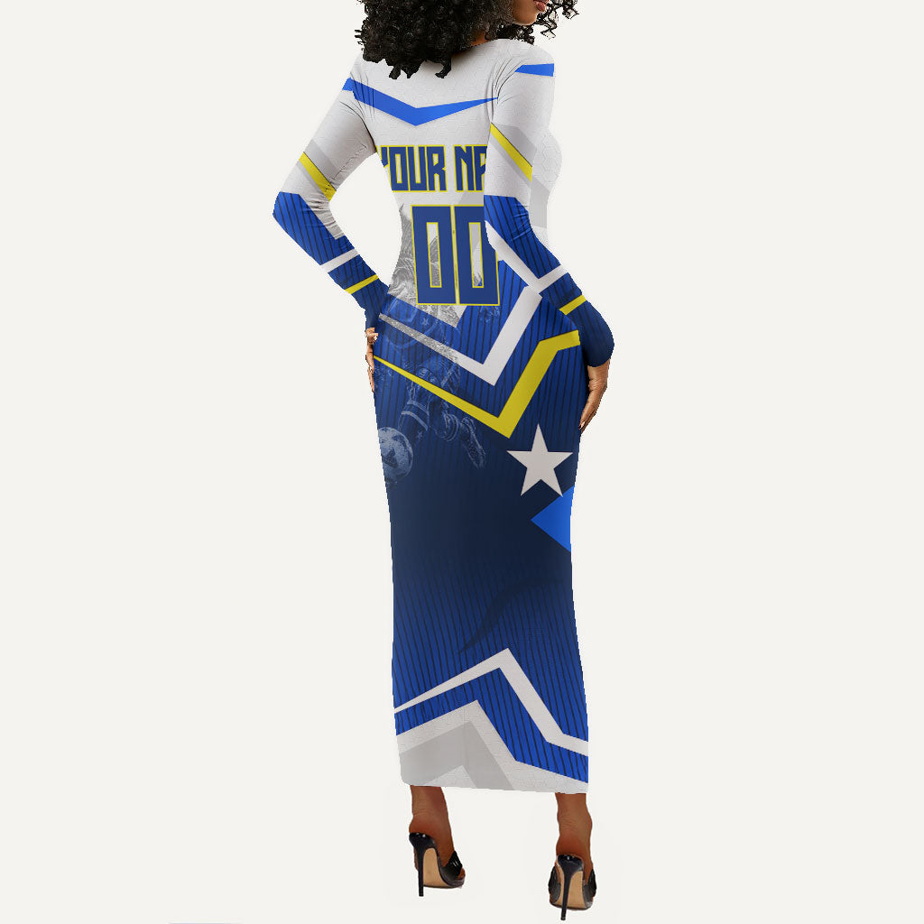 Personalized Curacao Football Marlin Mascot Long Sleeve Bodycon Dress Caribbean Flag Colors Geometric Blue