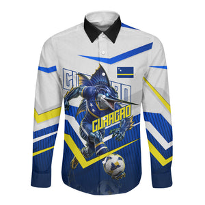 Personalized Curacao Football Marlin Mascot Long Sleeve Button Shirt Caribbean Flag Colors Geometric Blue