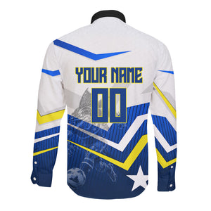 Personalized Curacao Football Marlin Mascot Long Sleeve Button Shirt Caribbean Flag Colors Geometric Blue