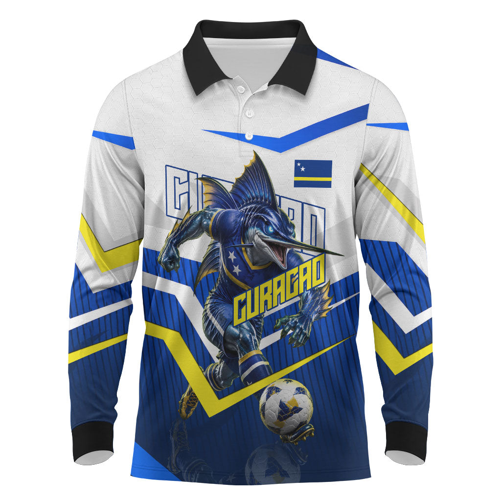 Personalized Curacao Football Marlin Mascot Long Sleeve Polo Shirt Caribbean Flag Colors Geometric Blue