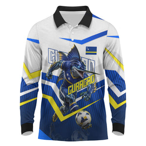 Personalized Curacao Football Marlin Mascot Long Sleeve Polo Shirt Caribbean Flag Colors Geometric Blue