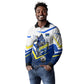 Personalized Curacao Football Marlin Mascot Long Sleeve Polo Shirt Caribbean Flag Colors Geometric Blue