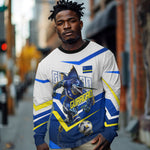 Personalized Curacao Football Marlin Mascot Long Sleeve Shirt Caribbean Flag Colors Geometric Blue
