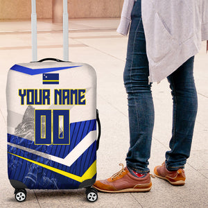 Personalized Curacao Football Marlin Mascot Luggage Cover Caribbean Flag Colors Geometric Blue