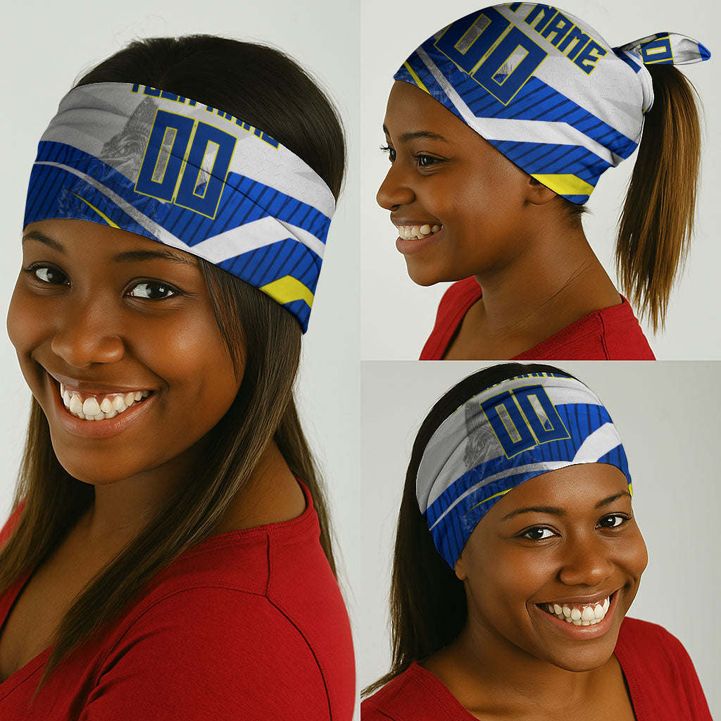 Personalized Curacao Football Marlin Mascot Neck Gaiter Caribbean Flag Colors Geometric Blue