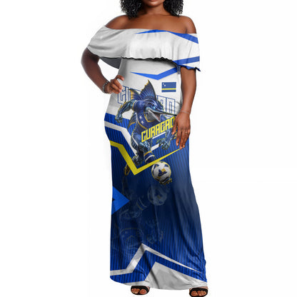 Personalized Curacao Football Marlin Mascot Off Shoulder Maxi Dress Caribbean Flag Colors Geometric Blue