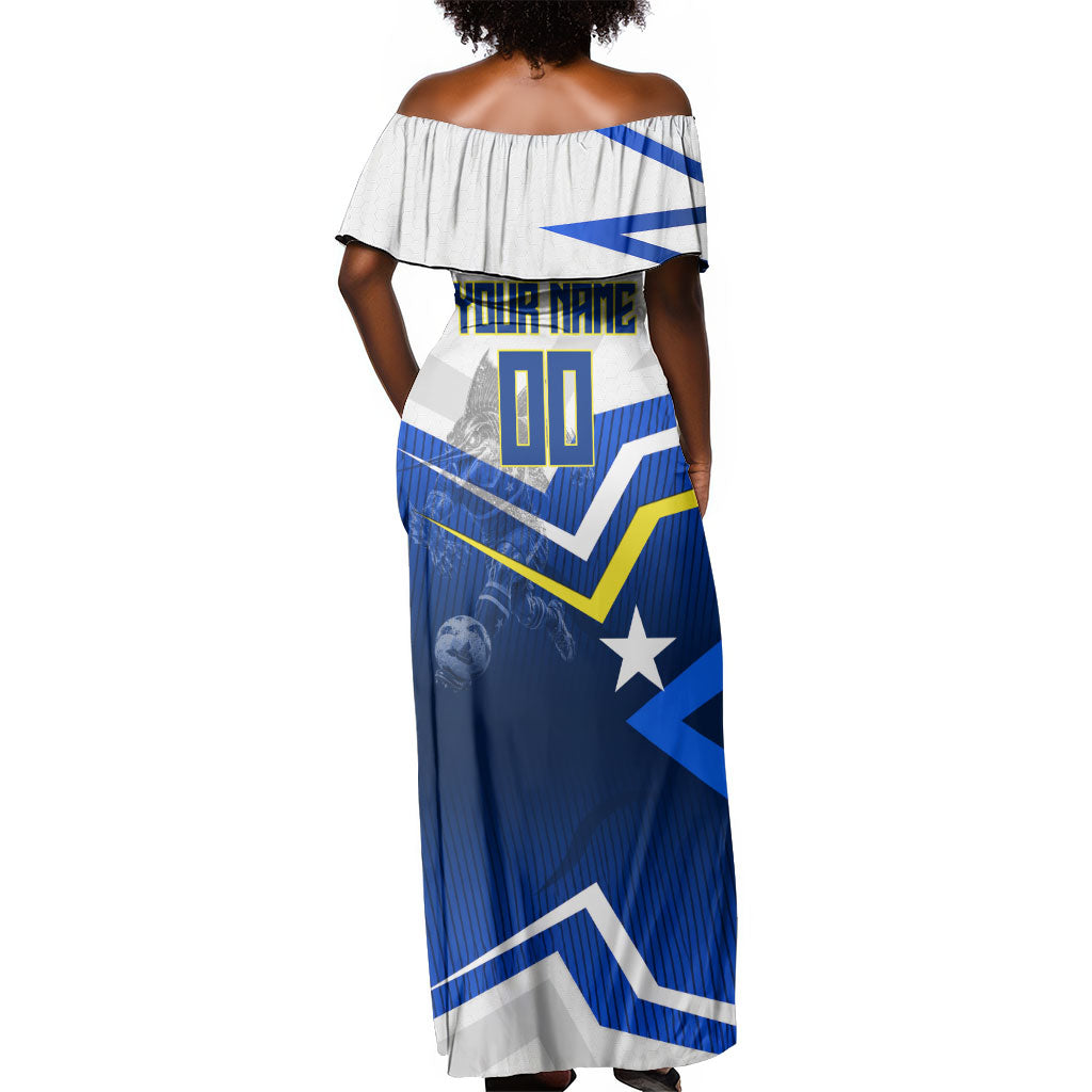 Personalized Curacao Football Marlin Mascot Off Shoulder Maxi Dress Caribbean Flag Colors Geometric Blue