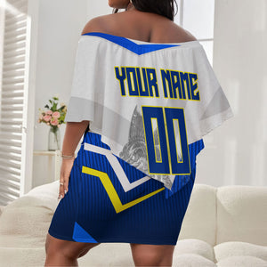 Personalized Curacao Football Marlin Mascot Off Shoulder Short Dress Caribbean Flag Colors Geometric Blue