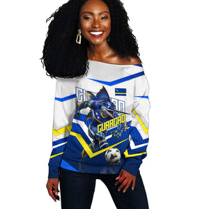 Personalized Curacao Football Marlin Mascot Off Shoulder Sweater Caribbean Flag Colors Geometric Blue