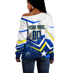Personalized Curacao Football Marlin Mascot Off Shoulder Sweater Caribbean Flag Colors Geometric Blue