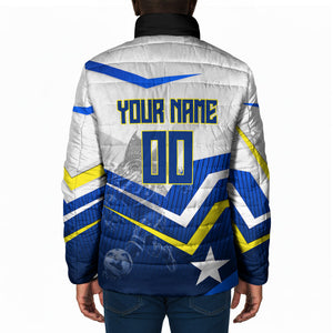 Personalized Curacao Football Marlin Mascot Padded Jacket Caribbean Flag Colors Geometric Blue