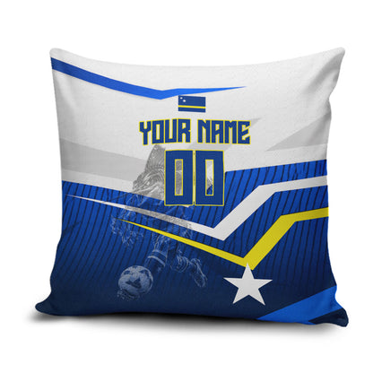 Personalized Curacao Football Marlin Mascot Pillow Cover Caribbean Flag Colors Geometric Blue