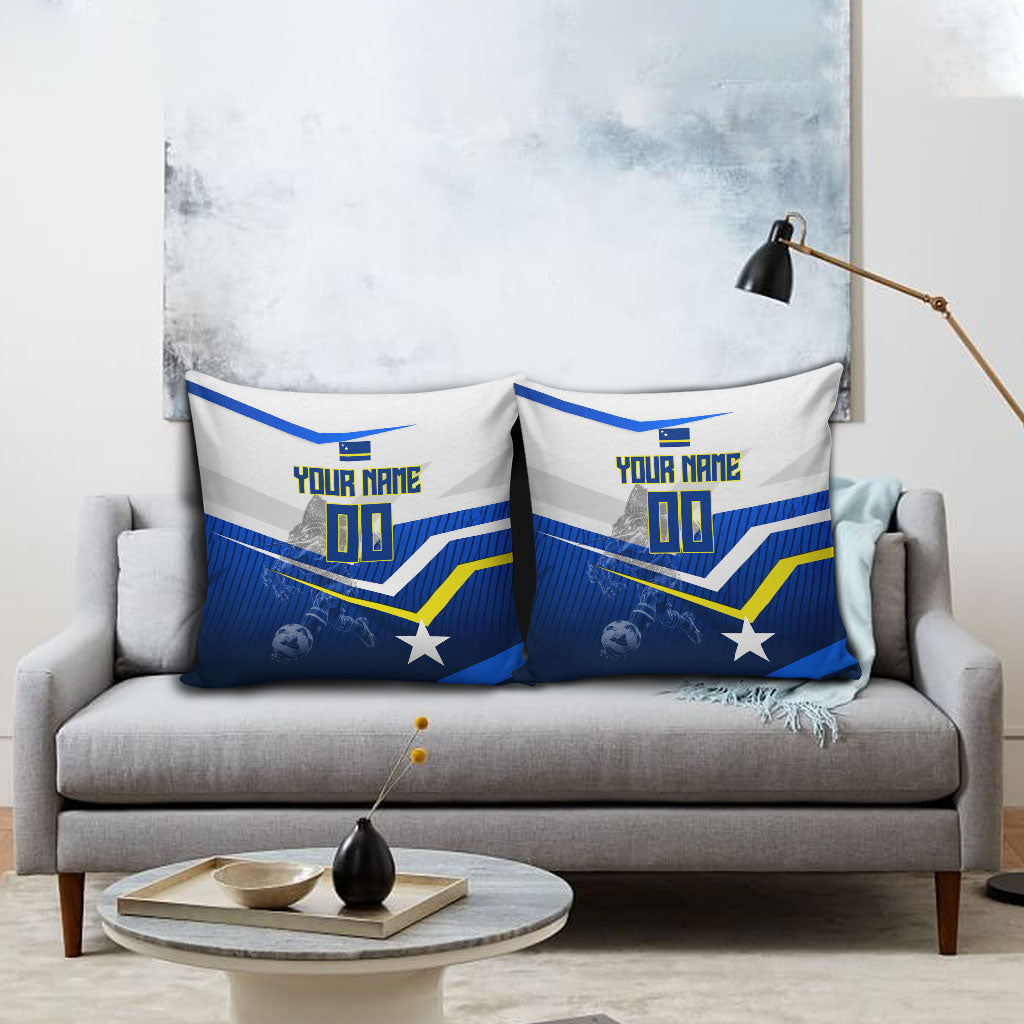 Personalized Curacao Football Marlin Mascot Pillow Cover Caribbean Flag Colors Geometric Blue